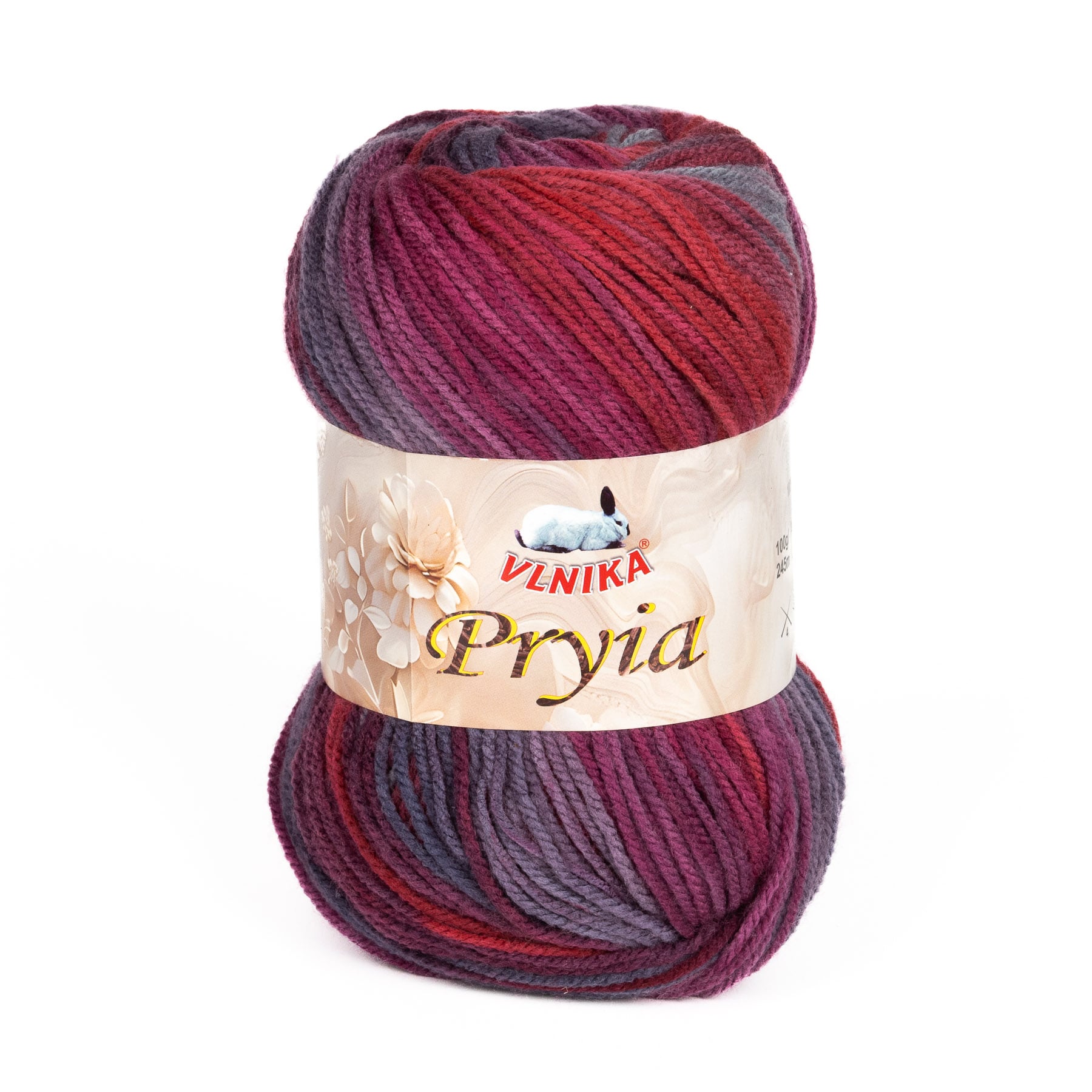Pletací příze Vlnika  PRYIA 126 fialovo-červeno-šedá, melírovaná, 100g/245m