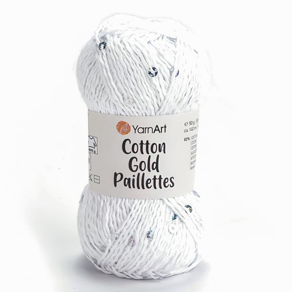 Pletací příze YarnArt COTTON GOLD PAILLETTES 7102 bílá s flitry, efektní, 50g/140m