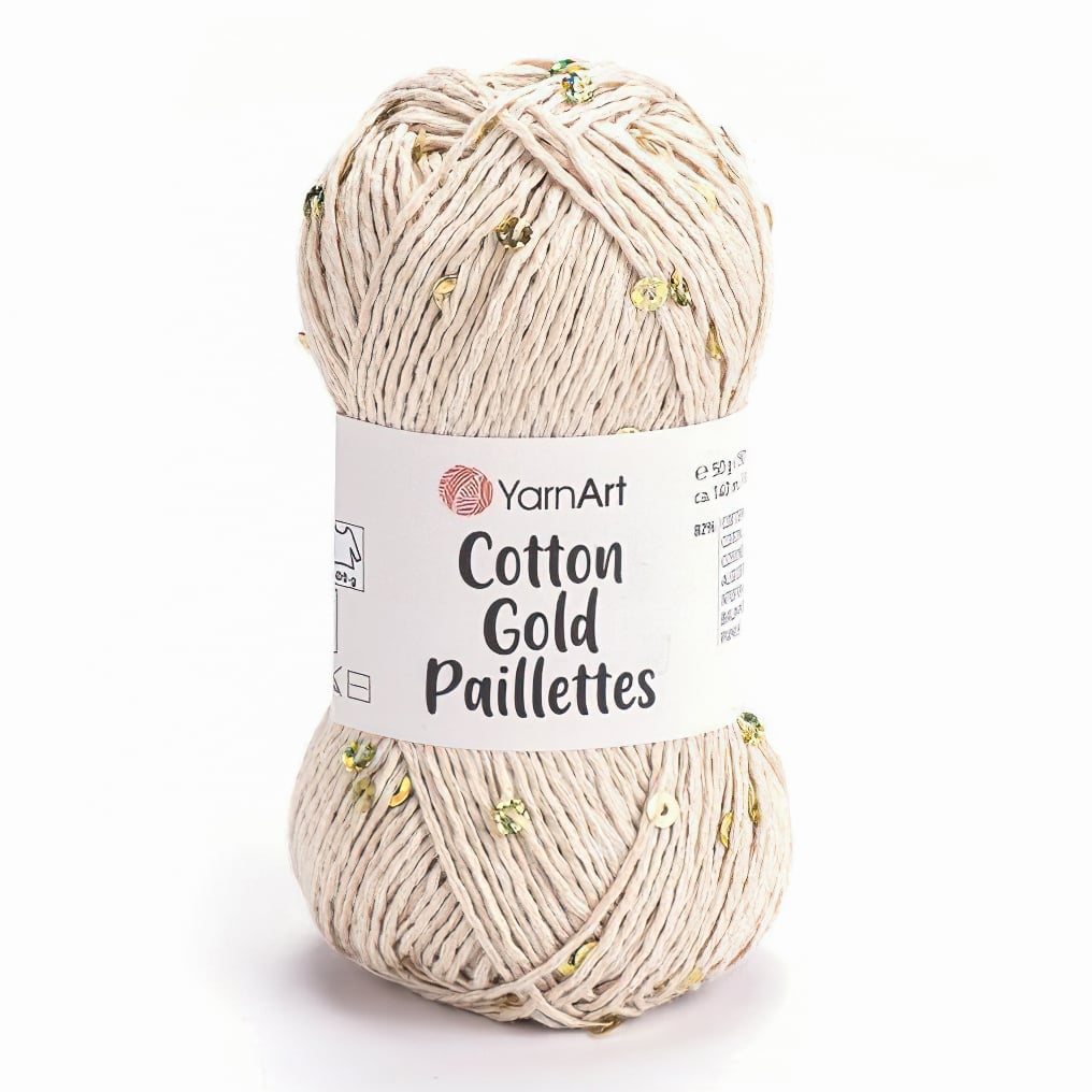 Pletací příze YarnArt COTTON GOLD PAILLETTES 7104 režná s flitry, efektní, 50g/140m