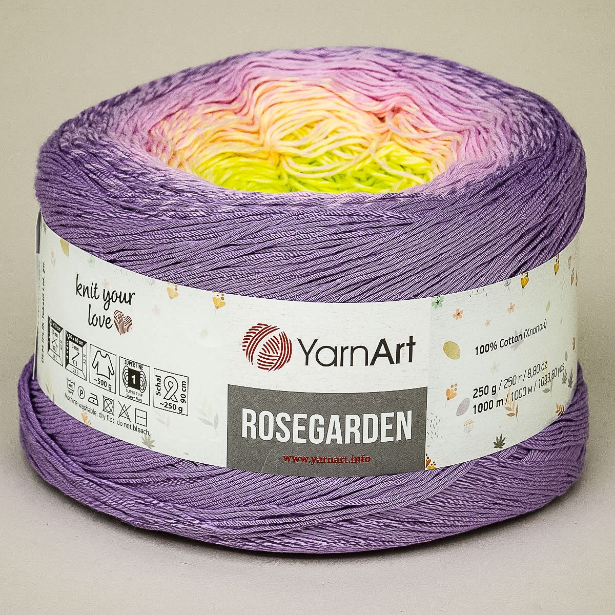 Pletací příze YarnArt ROSEGARDEN 312 fialovo-růžovo-zelená, melírovaná (duhová), efektní, 250g/1000m