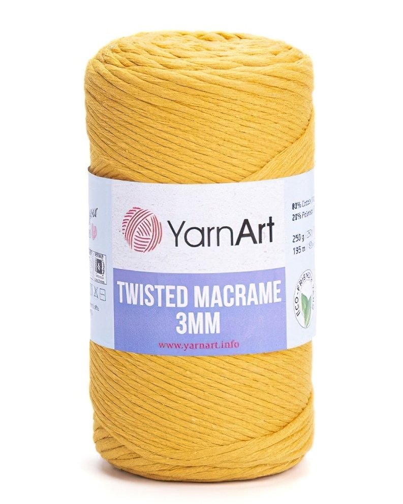 Pletací příze YarnArt TWISTED MACRAME 3mm 796 hořčicově žlutá, jednobarevná, 250g/195m