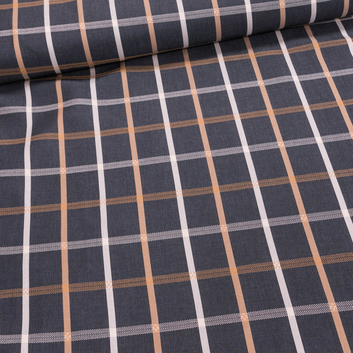 Potahové akrylové plátno (dralon, teflon) na zahradní nábytek, tmavě šedé káro s béžovým proužkem, š.140cm (látka v metráži)