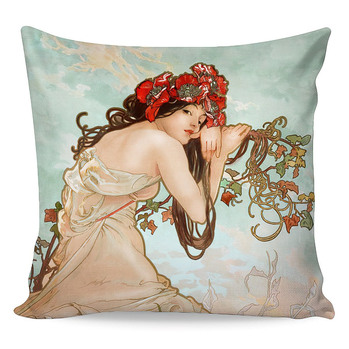 Polštářek ALFONS MUCHA SUMMER, béžovo-světle modrý, 40x40cm