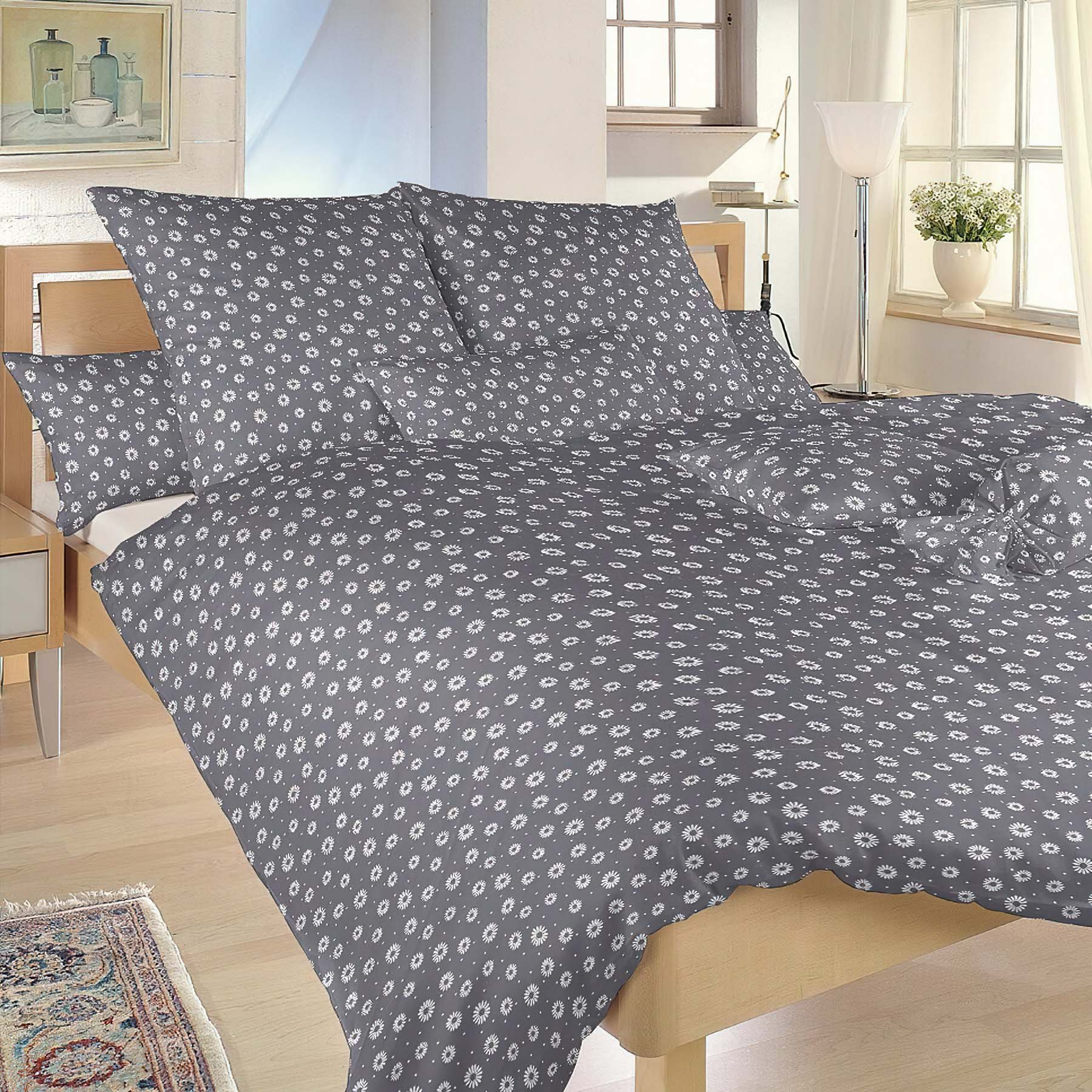 Dadka Povlečení ANEŽKA BÍLÁ NA TMAVĚ ŠEDÉM, květinový vzor, bavlna hladká, 140x200cm + 70x90cm