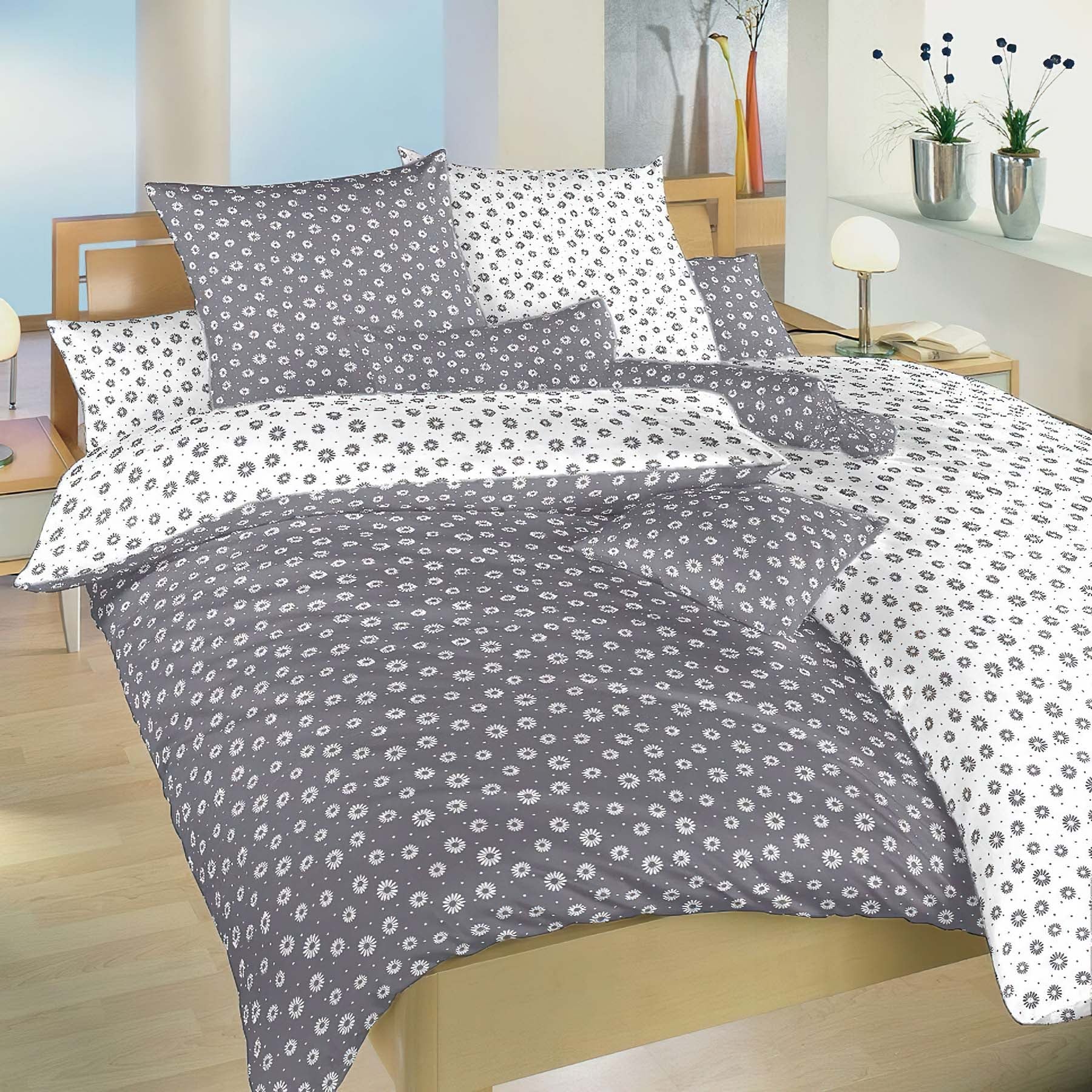 Dadka Povlečení ANEŽKA BÍLÁ / TMAVĚ ŠEDÁ DUO, květinový vzor, bavlna hladká, 140x200cm + 70x90cm