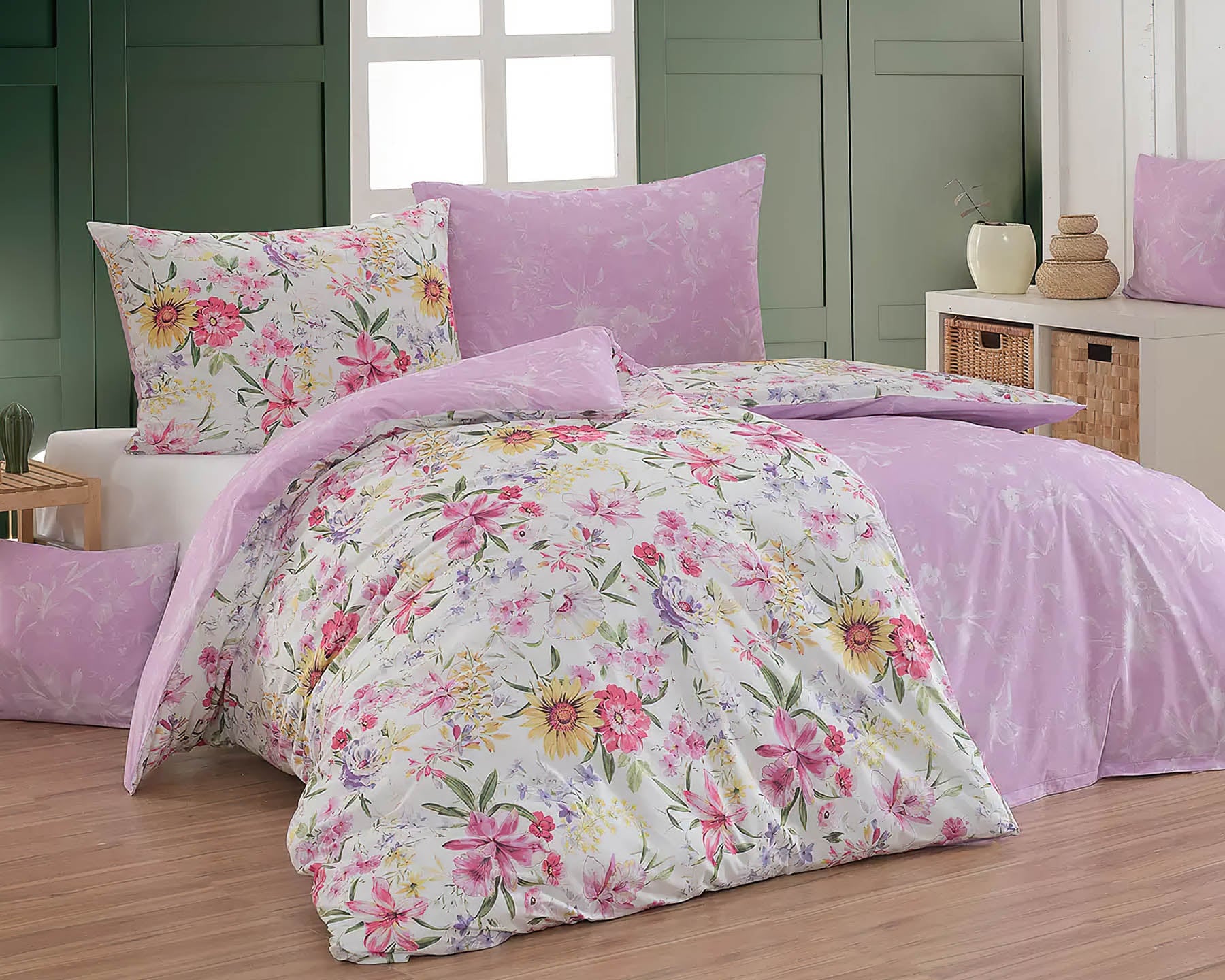 Matějovský Povlečení AYA, květy na bílé a fialové, bavlna hladká digitál, 140x200cm + 70x90cm