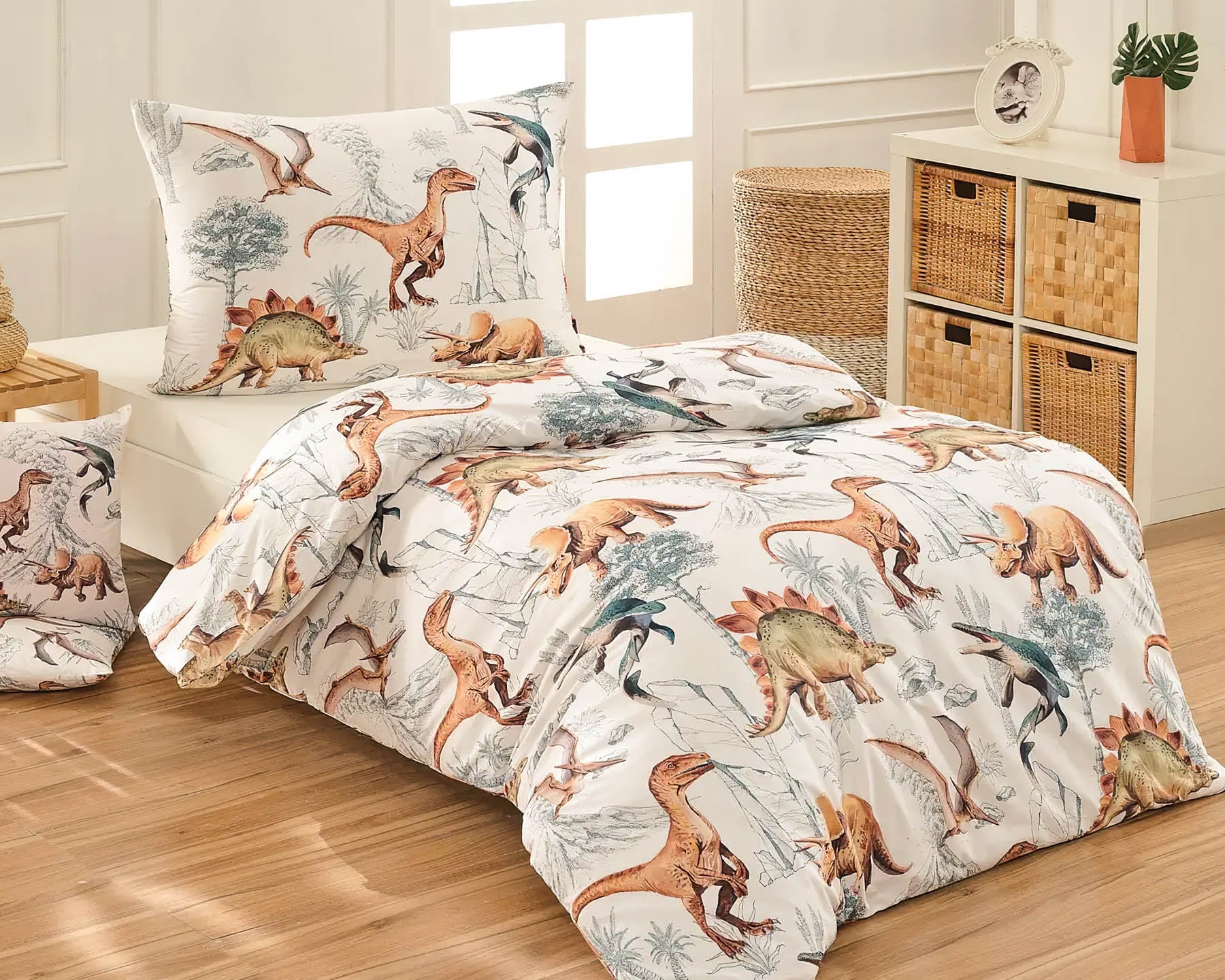 Matějovský povlečení dětské DINO LAND, dinosauři, bílé, bavlna hladká, 140x200cm + 70x90cm