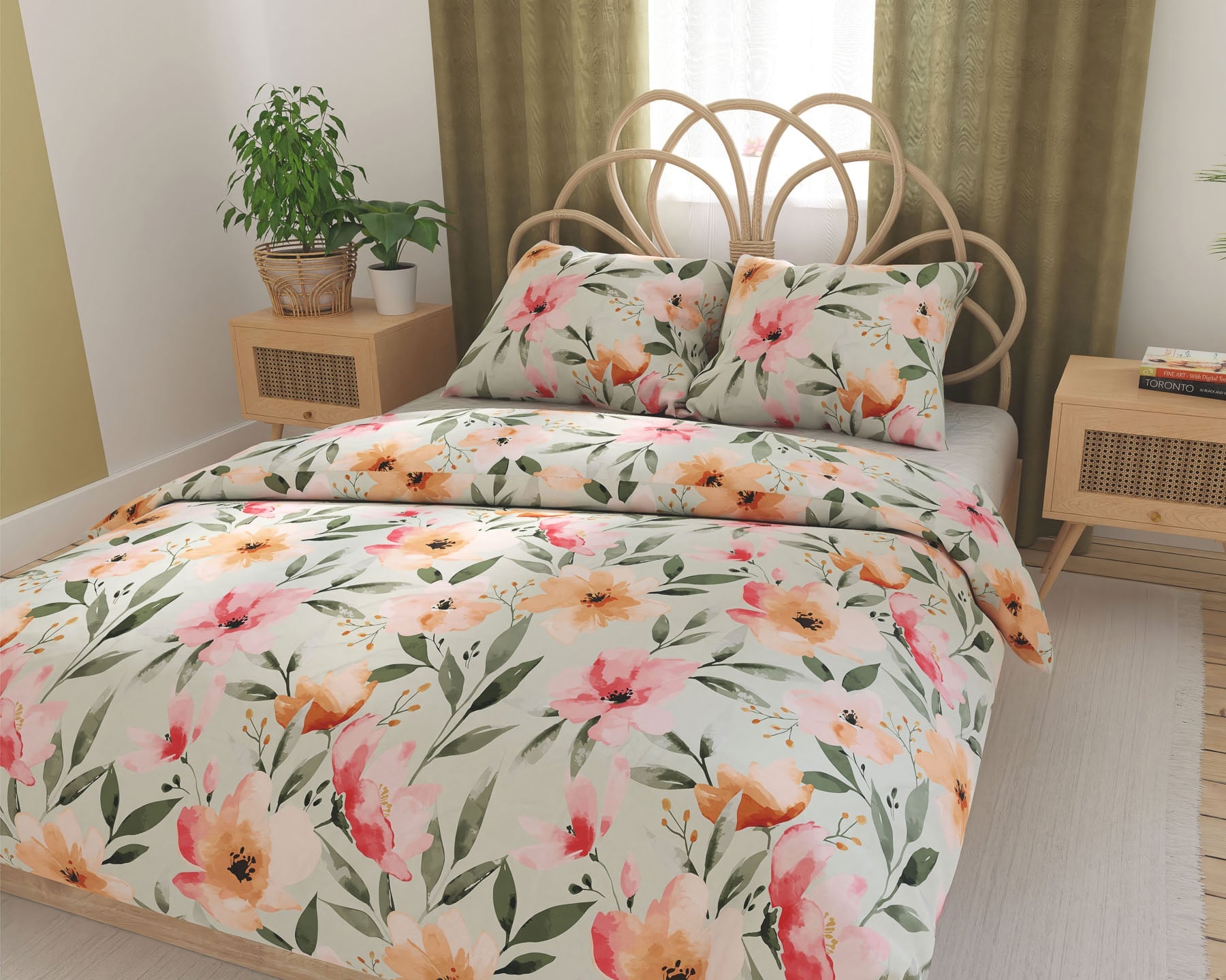 Forbyt povlečení FLORALIS, květnový vzor na bílo-zeleném podkladu, bavlněný satén, 140x200cm + 70x90cm