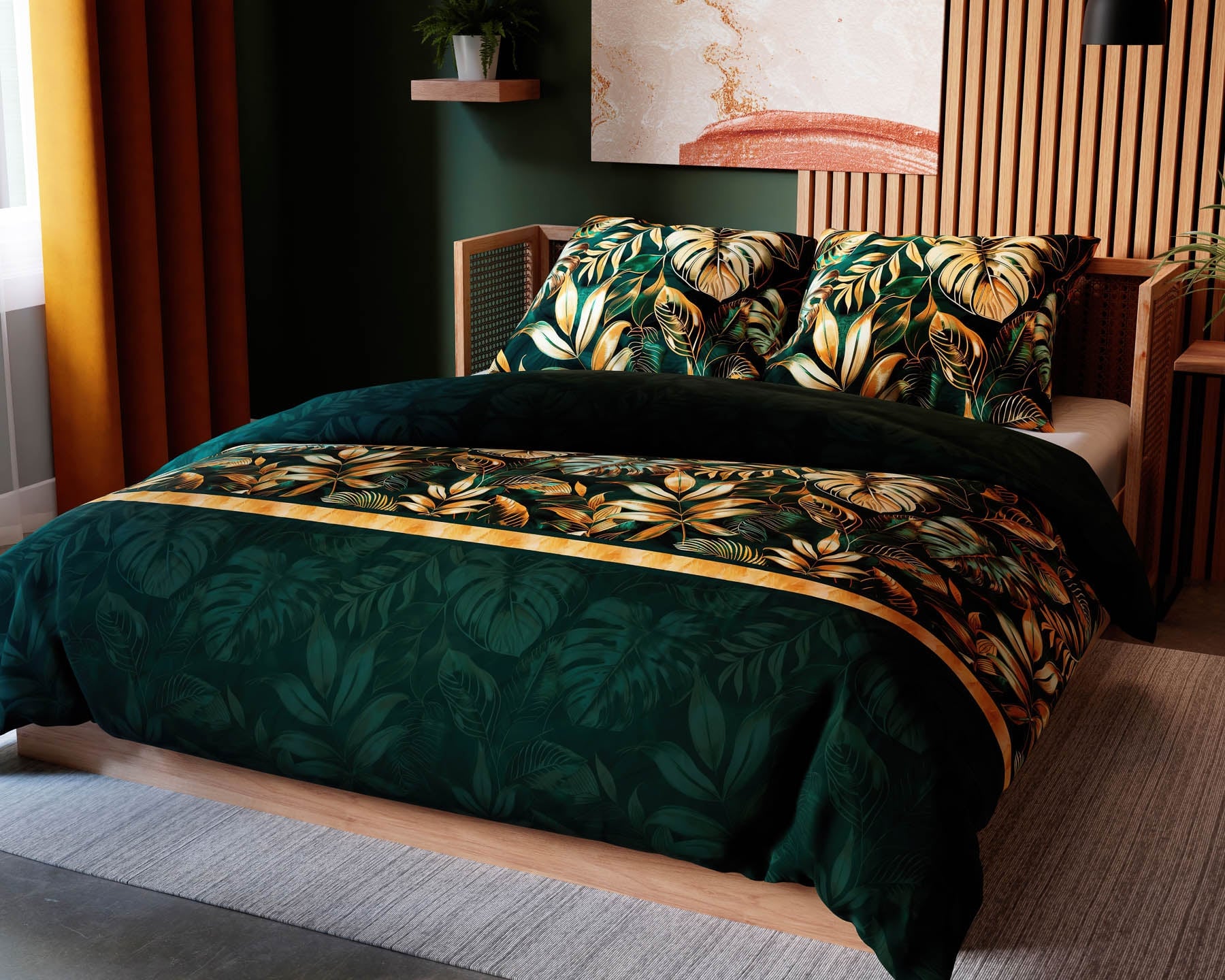 Forbyt povlečení SELVA, monstera na tmavě zeleném podkladu, bavlněný satén, 140x200cm + 70x90cm