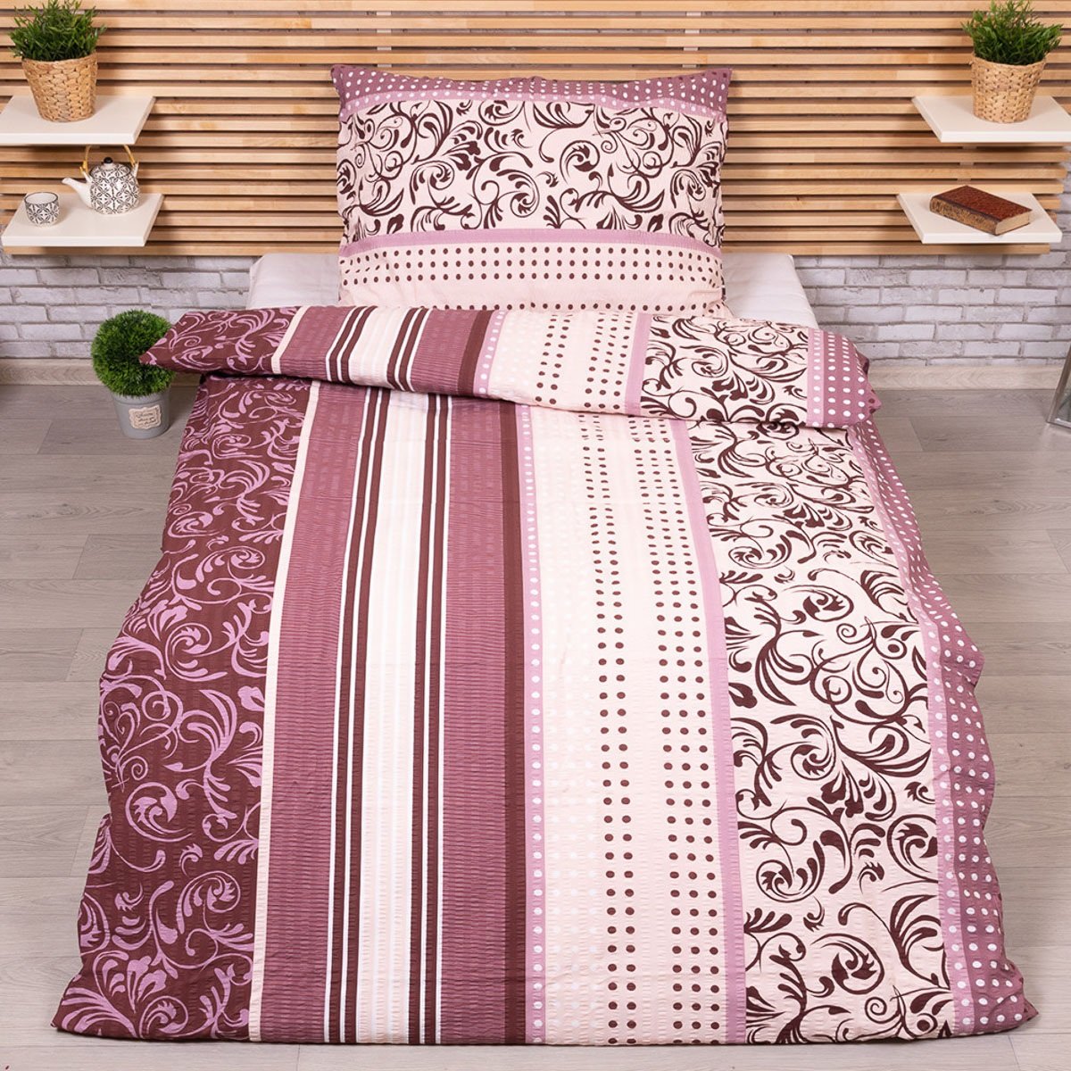 Karoline povlečení 094 bordó pruhy s ornamenty, krep, 140x200cm + 70x90cm