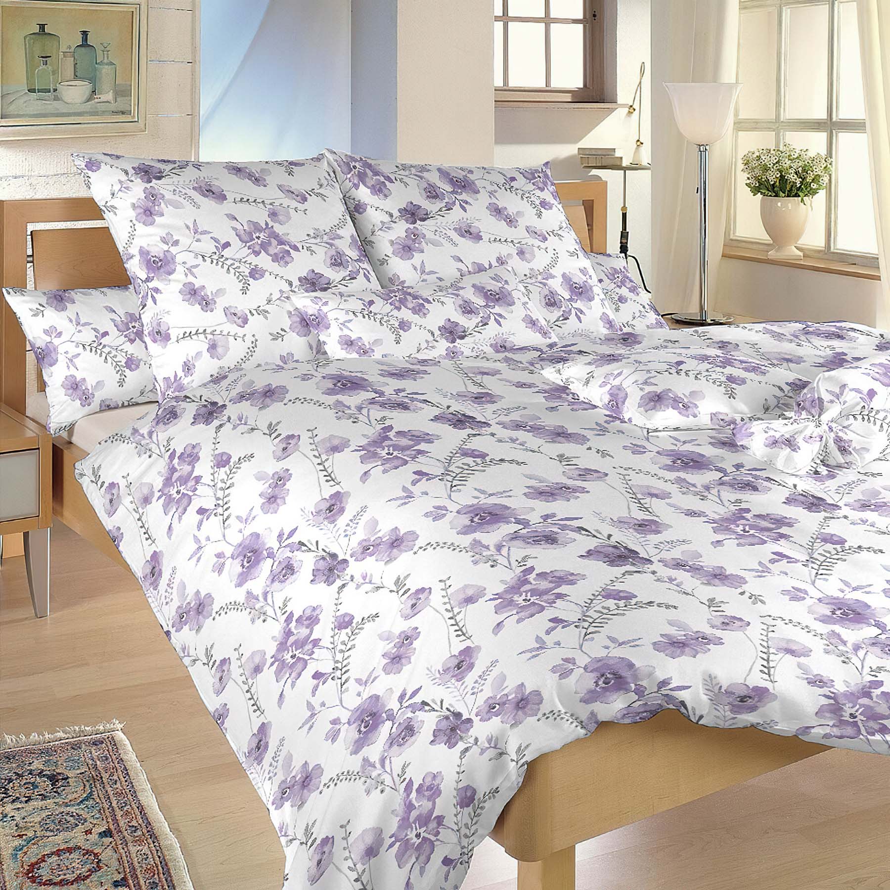 Dadka povlečení KVÍTÍ FIALOVÉ NA BÍLÉM, krep, 140x200cm + 70x90cm