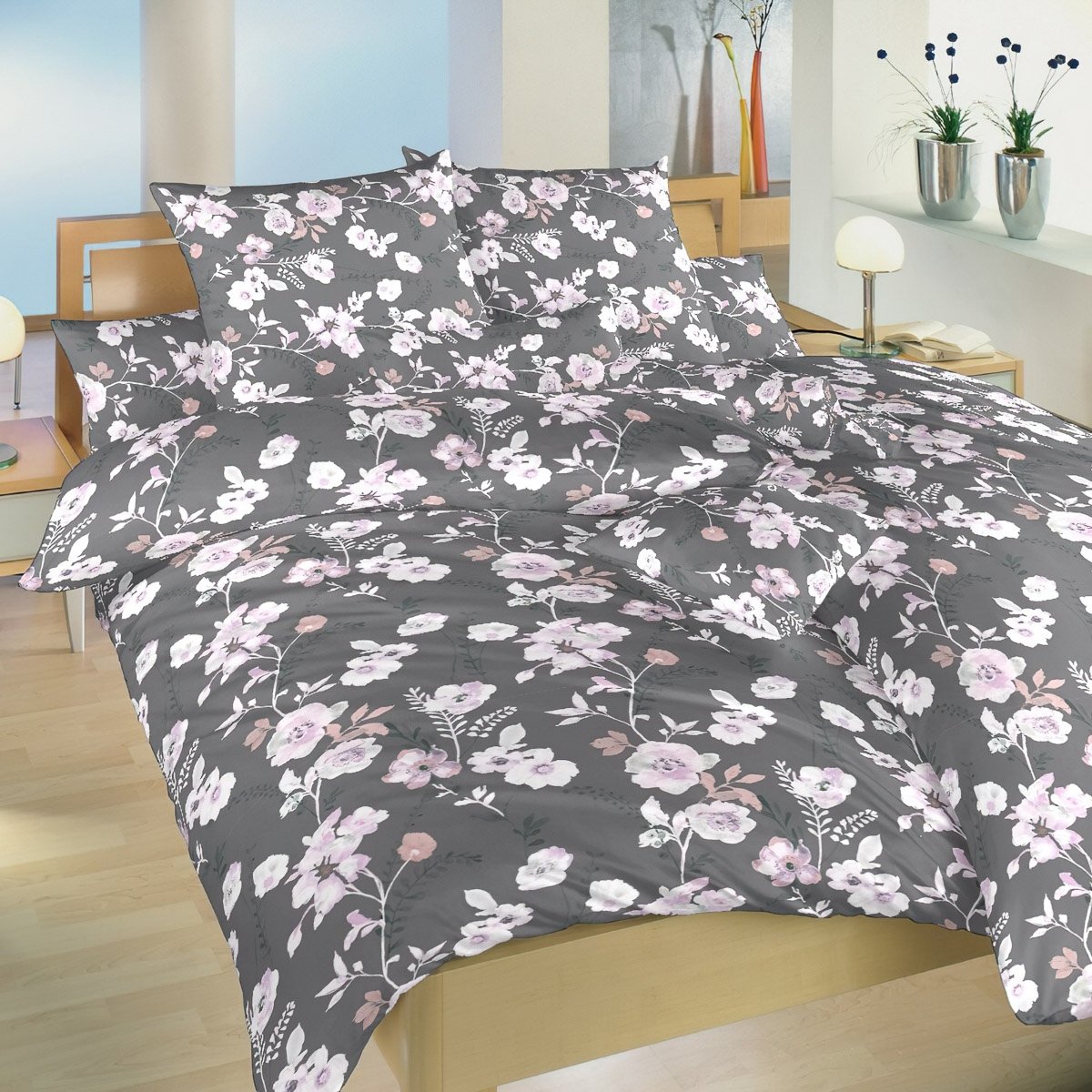 Dadka Povlečení krep Kvítí na šedém Varianta: Povlečení krep Kvítí na šedém 140x200, 70x90 cm