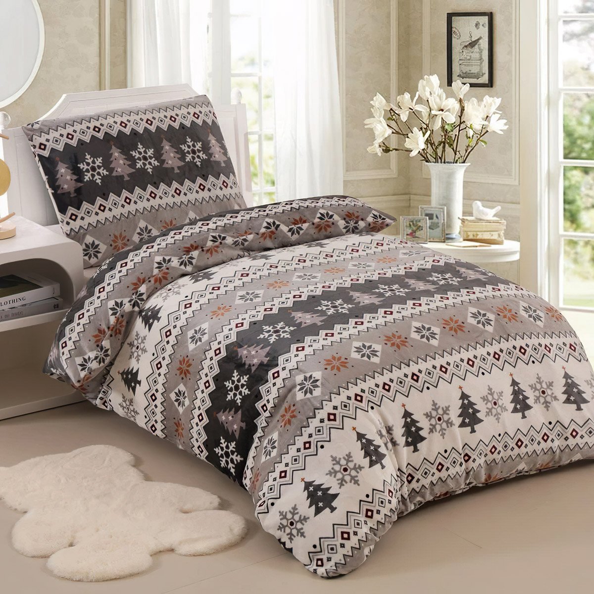 Jahu Povlečení MAGIC FLAKE hnědý severský vzor, mikroflanel, 140x200cm + 70x90cm