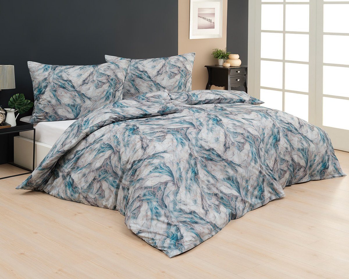 Matějovský povlečení AZARO, tyrkysovo-šedý vzor, bavlna hladká digitál, 140x200cm + 70x90cm