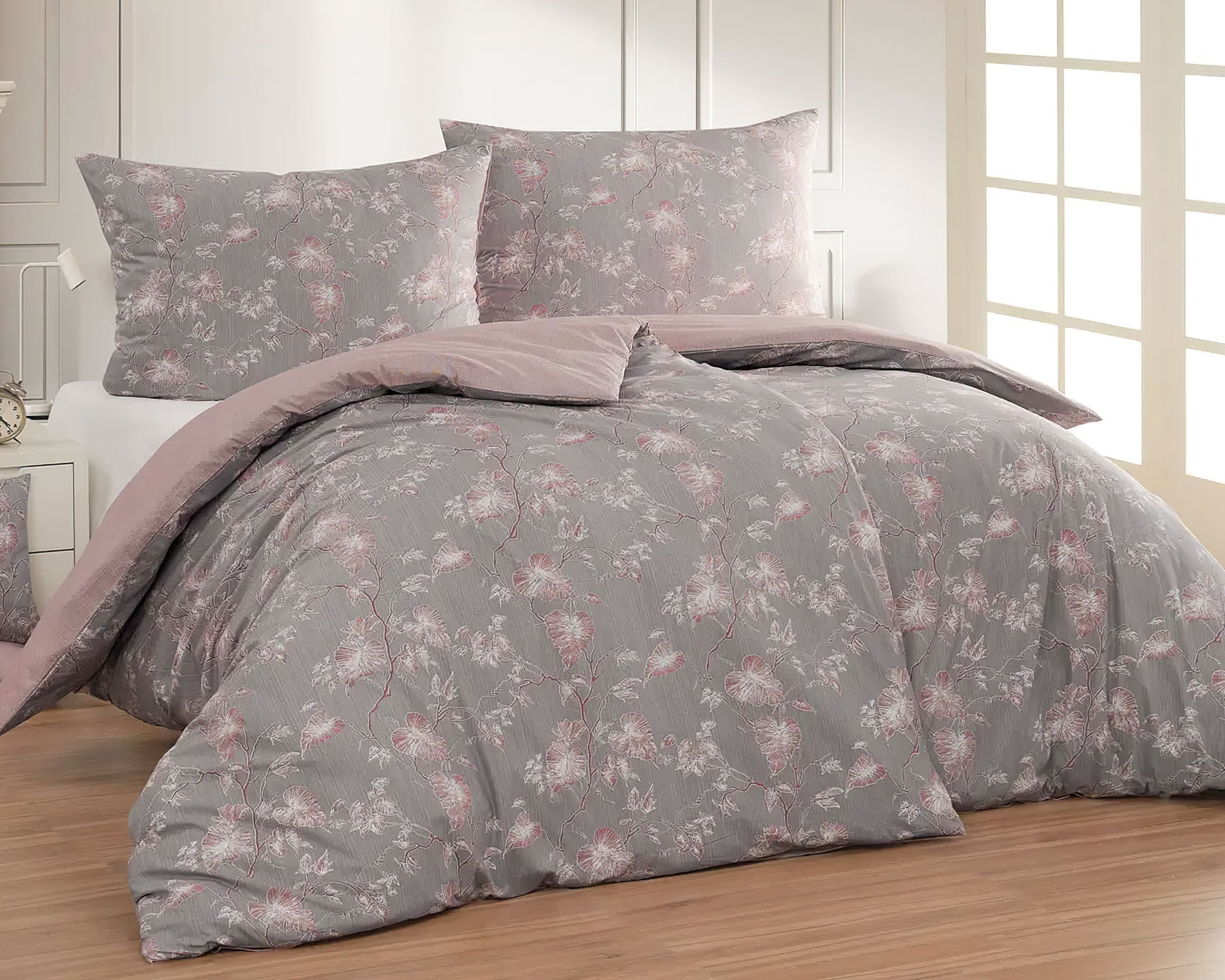 Matějovský Povlečení BELLA, pnoucí listy, šedé / starorůžové, bavlna hladká, 140x200cm + 70x90cm