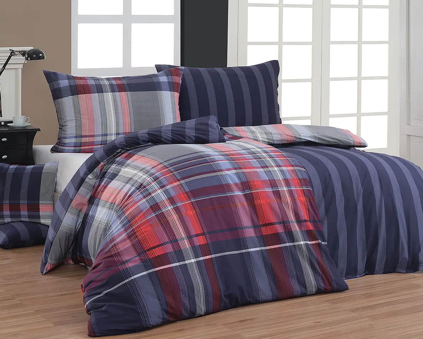 Matějovský Povlečení COHEN, modro-červené káro / proužek21050, bavlna hladká, 140x200cm + 70x90cm