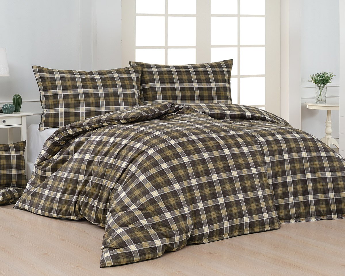 Matějovský povlečení DANTE, hnědo-béžové káro, flanel premium, 140x220cm + 70x90cm