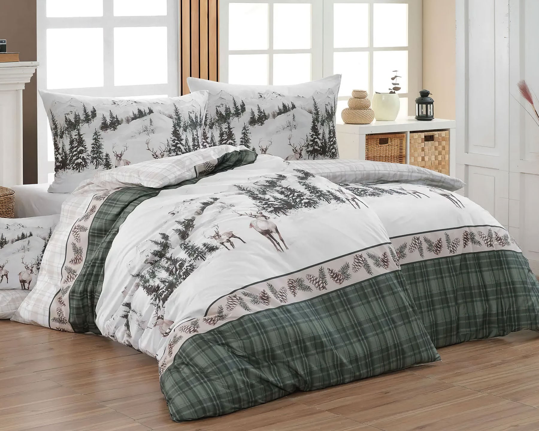 Matějovský Povlečení DEER, jeleni, světle béžové káro, bavlna hladká digitál, 140x200cm + 70x90cm