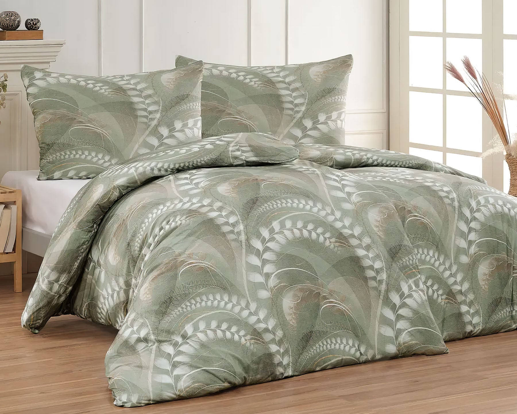 Matějovský Povlečení EZRA, listy, zelené, bavlněný MAKO satén, 140x200cm + 70x90cm