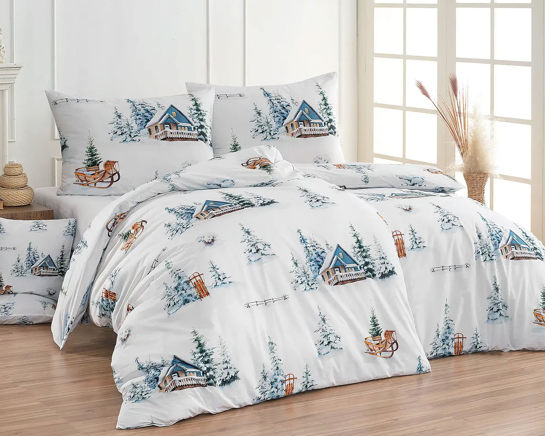 Matějovský Povlečení FELICITY, zimní chaloupky, bílé, bavlna hladká digitál, 140x200cm + 70x90cm
