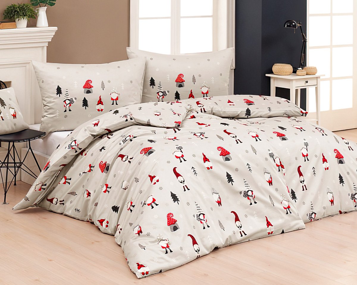 Matějovský povlečení LUCKY ELF, skřítci na béžové, bavlna hladká, 140x200cm + 70x90cm