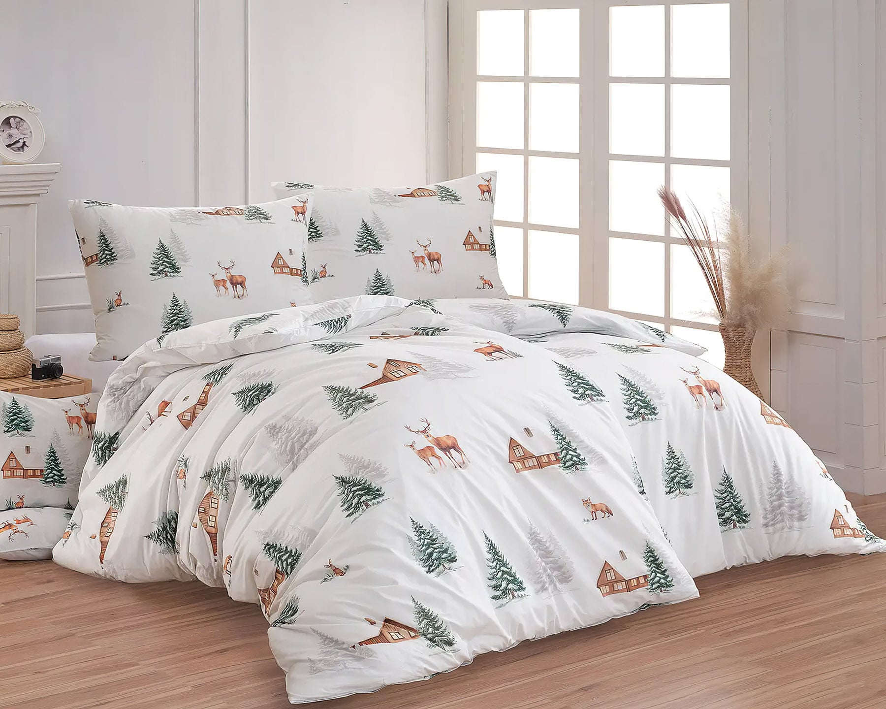 Matějovský Povlečení MYRO, zimní hnědé chaloupky, bílé, bavlna hladká digitál, 140x200cm + 70x90cm