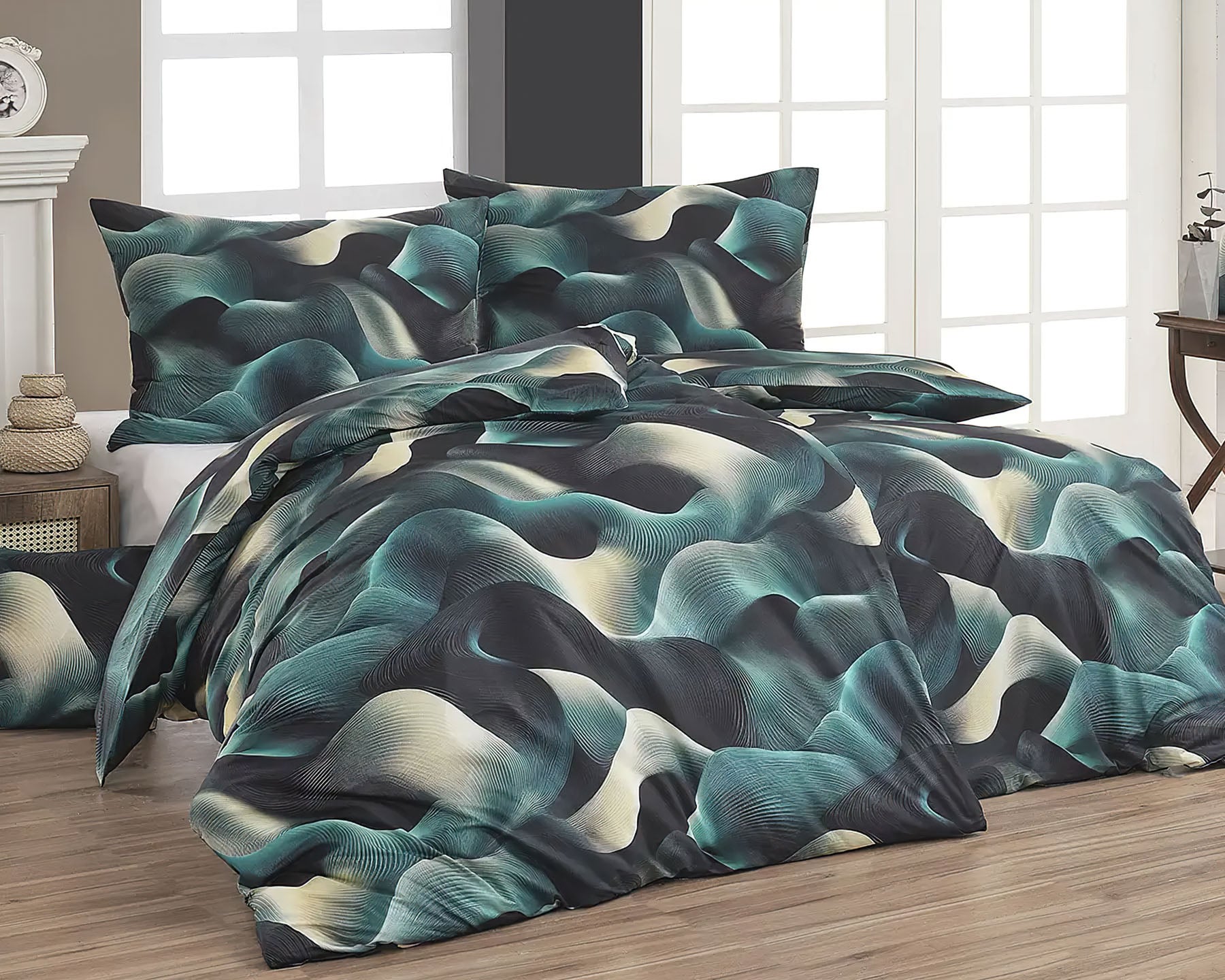 Matějovský Povlečení  NORMAN, černo-zelené vlny, bavlna hladká digitál, 140x200cm + 70x90cm