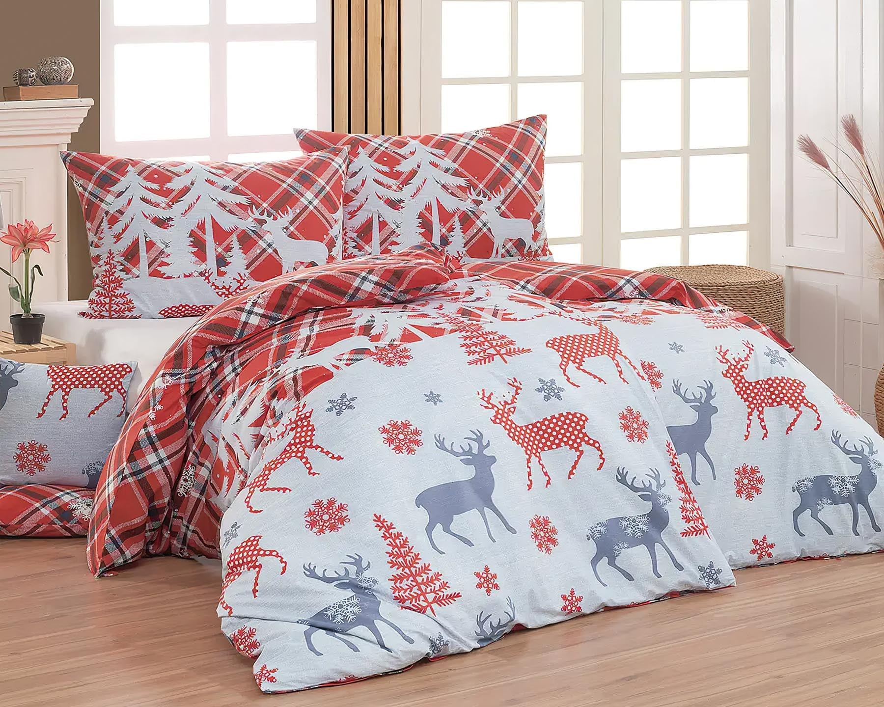 Matějovský Povlečení ORFEO, zimní jeleni, červeno-bílé, bavlna hladká, 140x200cm + 70x90cm