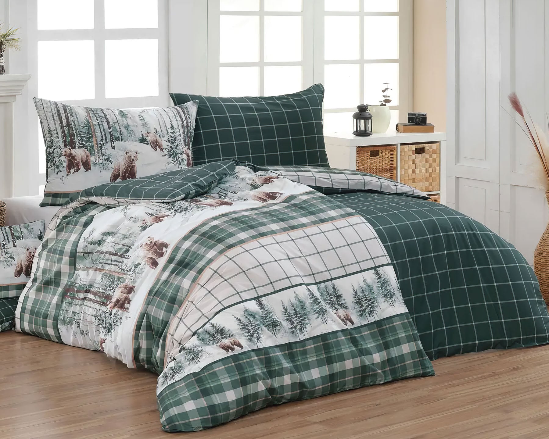 Matějovský Povlečení ORSO, medvědi, zelené kostkované, bavlna hladká digitál, 140x200cm + 70x90cm