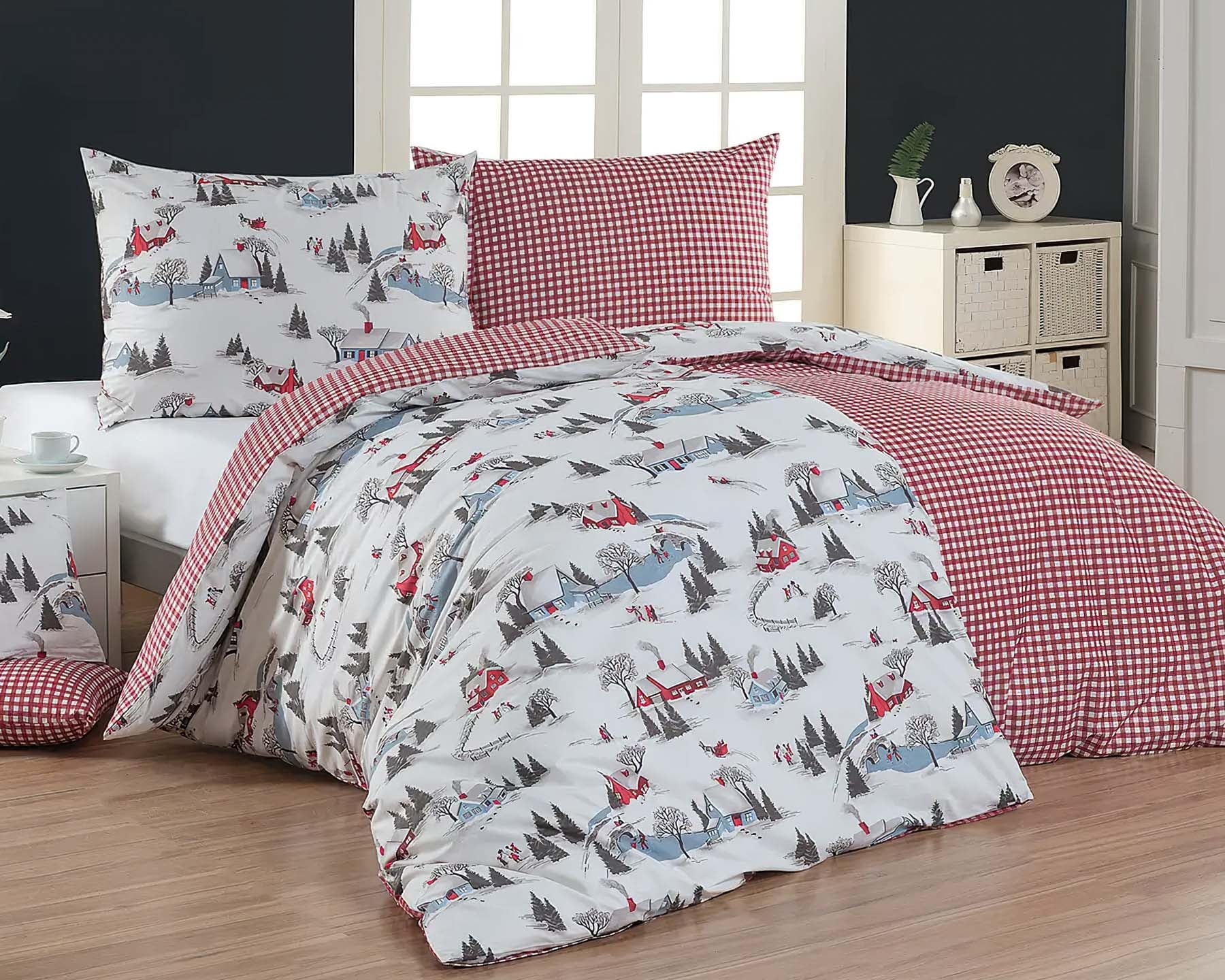 Matějovský Povlečení ZERMATT, zimní krajina, červeno bílá kostka, bavlna hladká, 140x200cm + 70x90cm