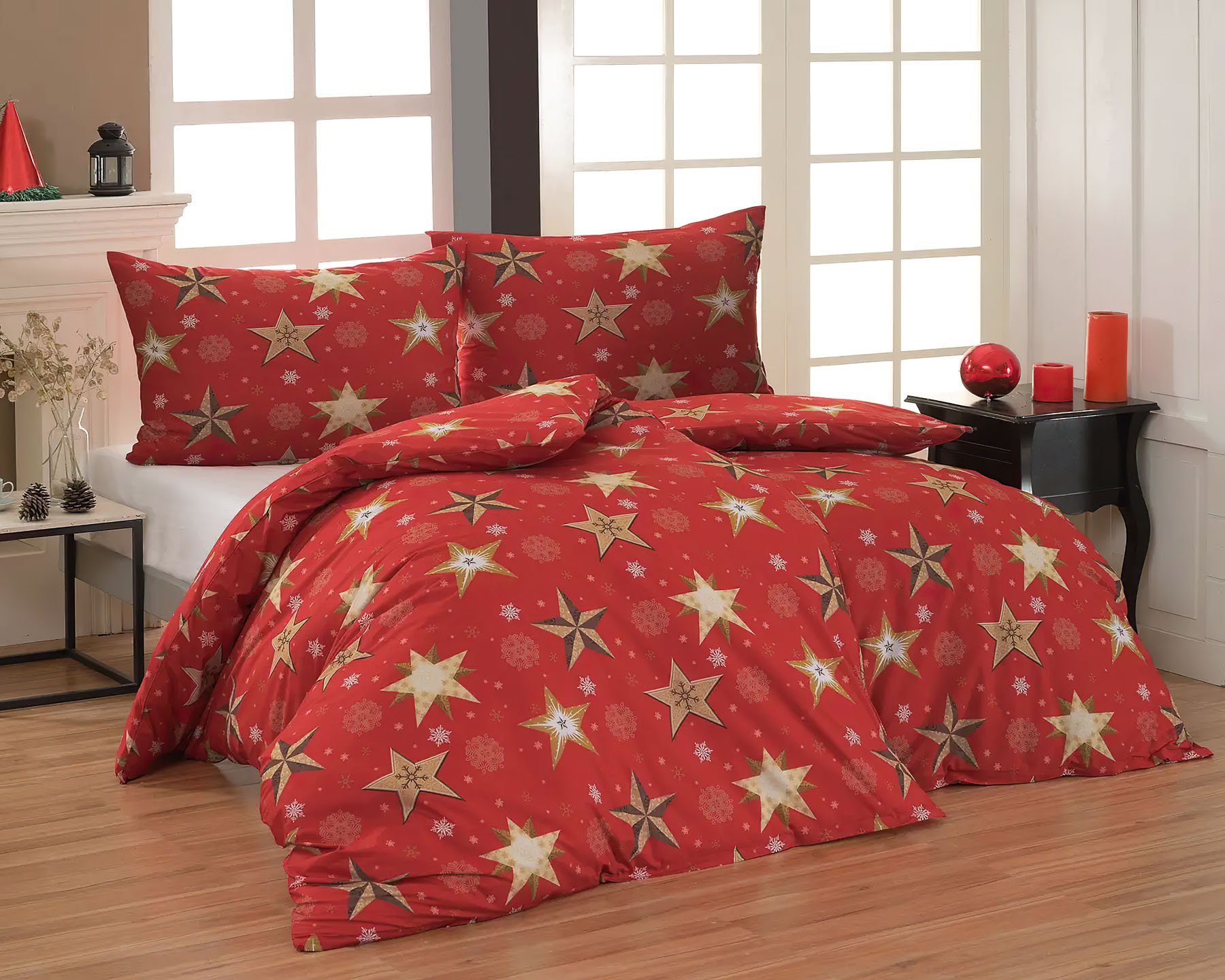 Matějovský povlečení MERCI, červeno-zlatý zimní vzor krep, 140x200cm + 70x90cm