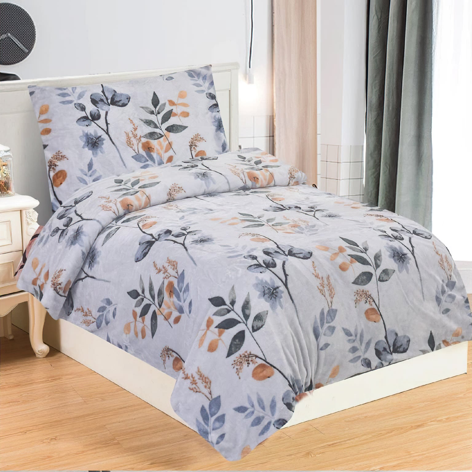 Jahu Povlečení GRETA, šedé a hnědé listy na světle šedé / bílé, mikroflanel, 140x200cm + 70x90cm