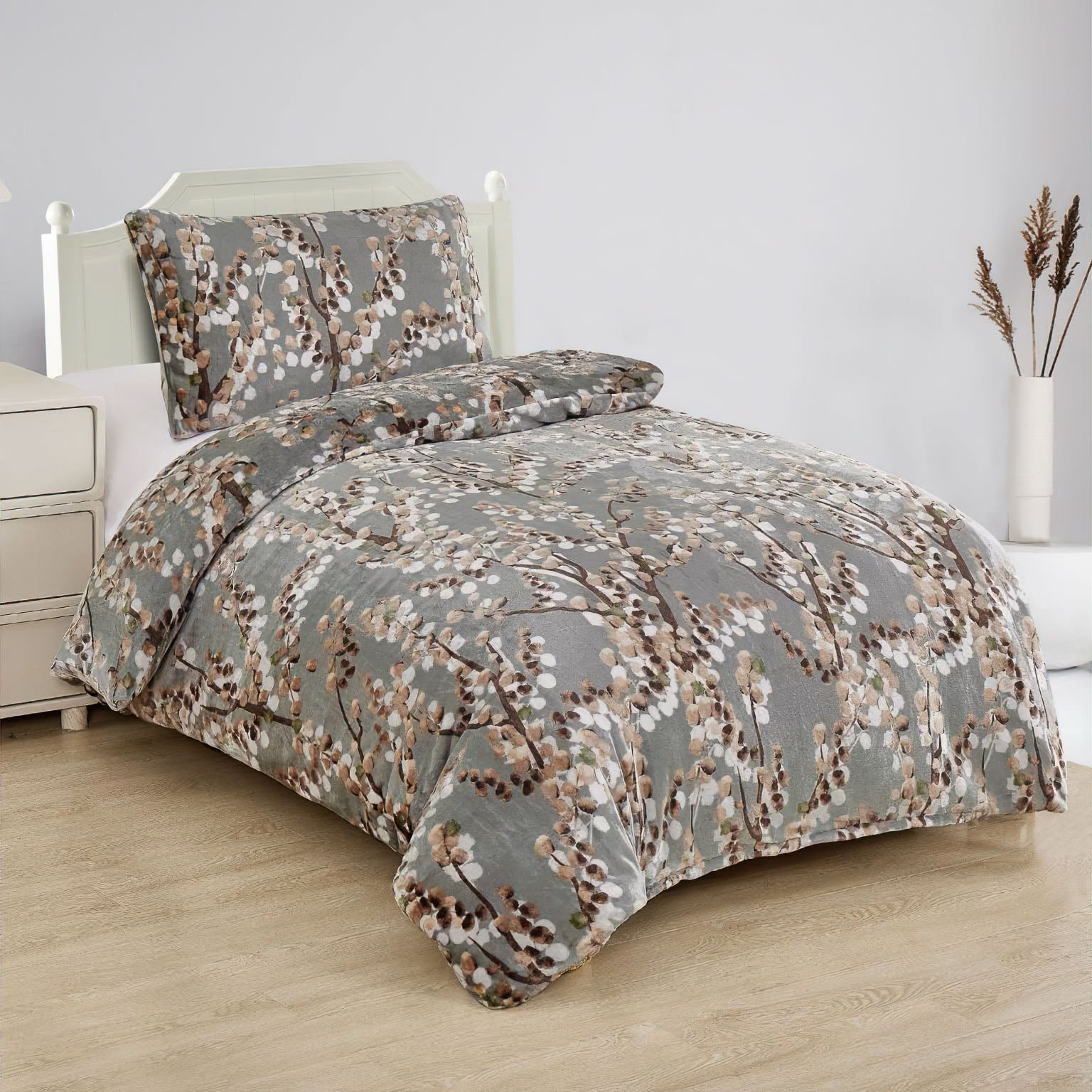 Jahu Povlečení HNĚDÉ VĚTVIČKY, kočičky na šedé, mikroflanel, 140x200cm + 70x90cm