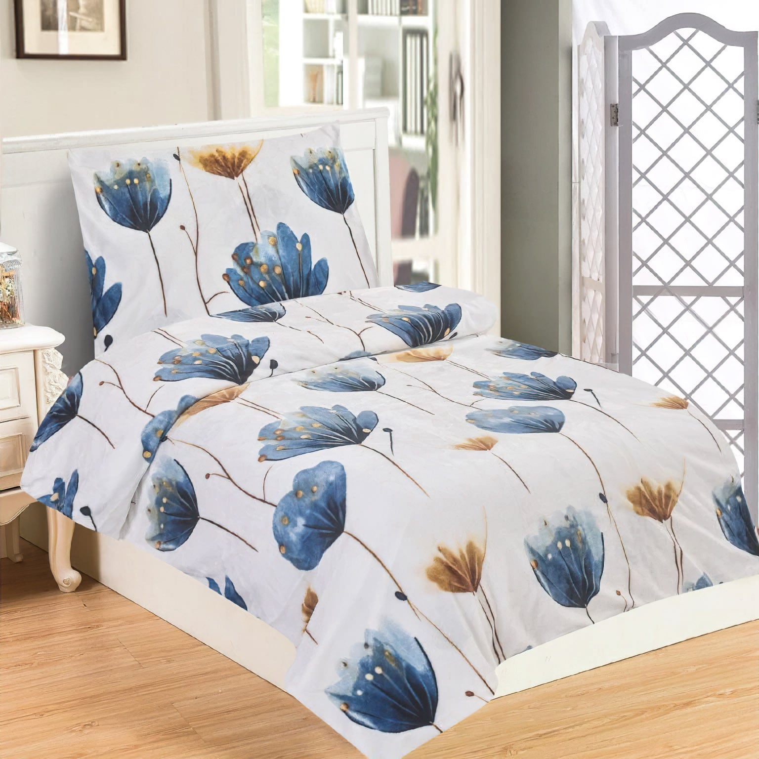 Jahu Povlečení MARBELLA, modrý vlčí mák na bílé, mikroflanel, 140x200cm + 70x90cm