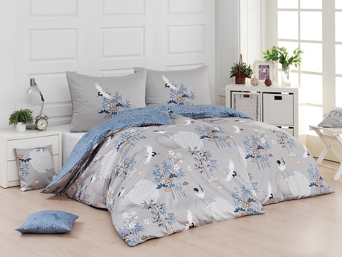 Matějovský povlečení MINORI, asijský vzor s čápy na šedé, krep, 140x200cm + 70x90cm