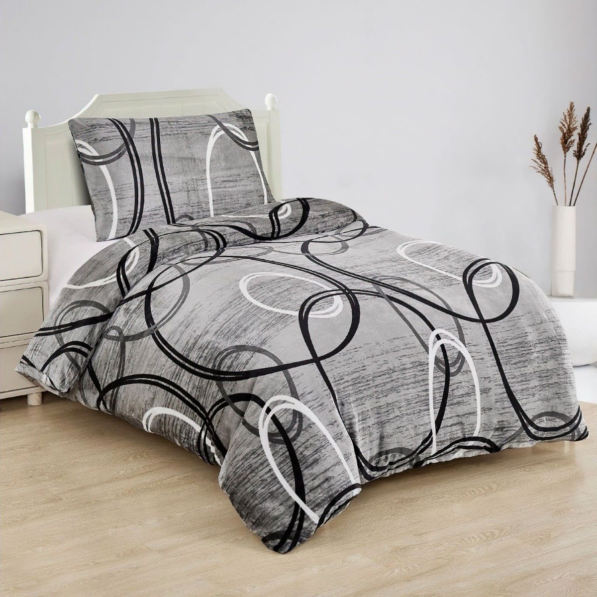 Jahu Povlečení RINGS kruhy, šedé, mikroflanel, 140x200cm + 70x90cm