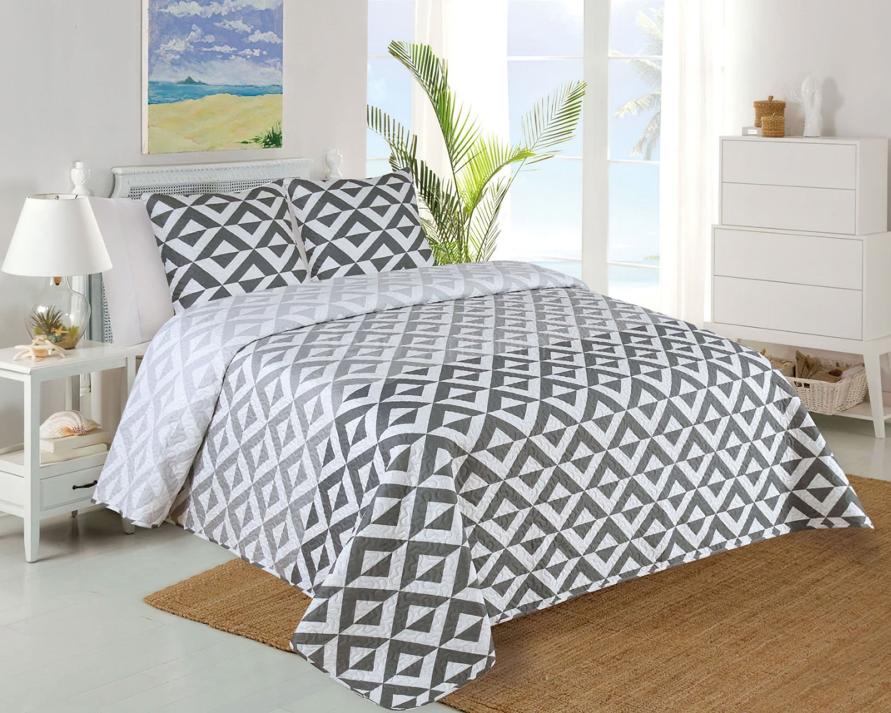 Jahu Přehoz na postel CASILLA šedo-bílý geometrický vzor, 140x220cm, jednolůžkový + povlak 45 x 45cm