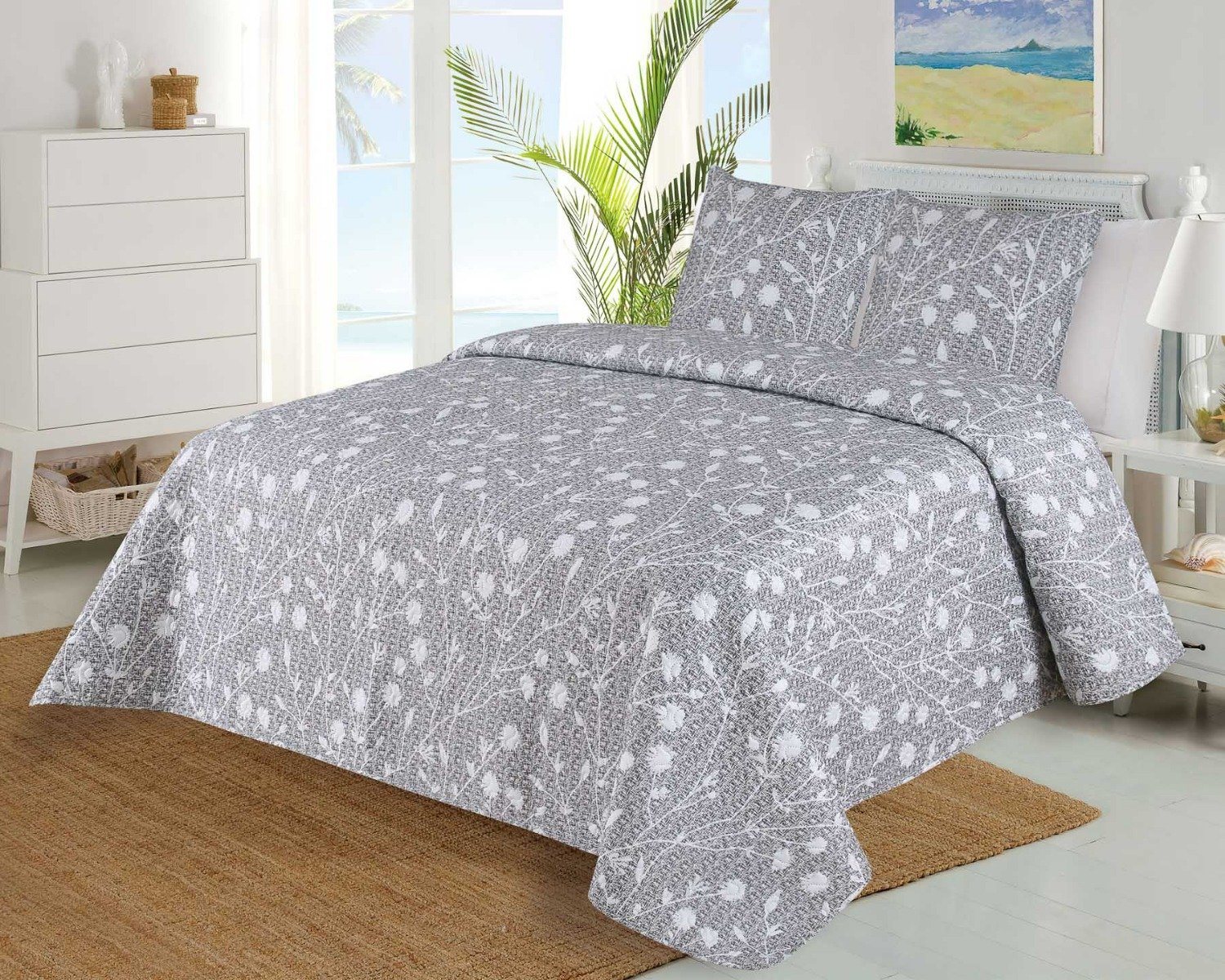 Jahu Přehoz na postel RAMAS šedý, drobný květinový vzor, 220x240cm, dvoulůžkový + 2x povlak 45 x 45cm