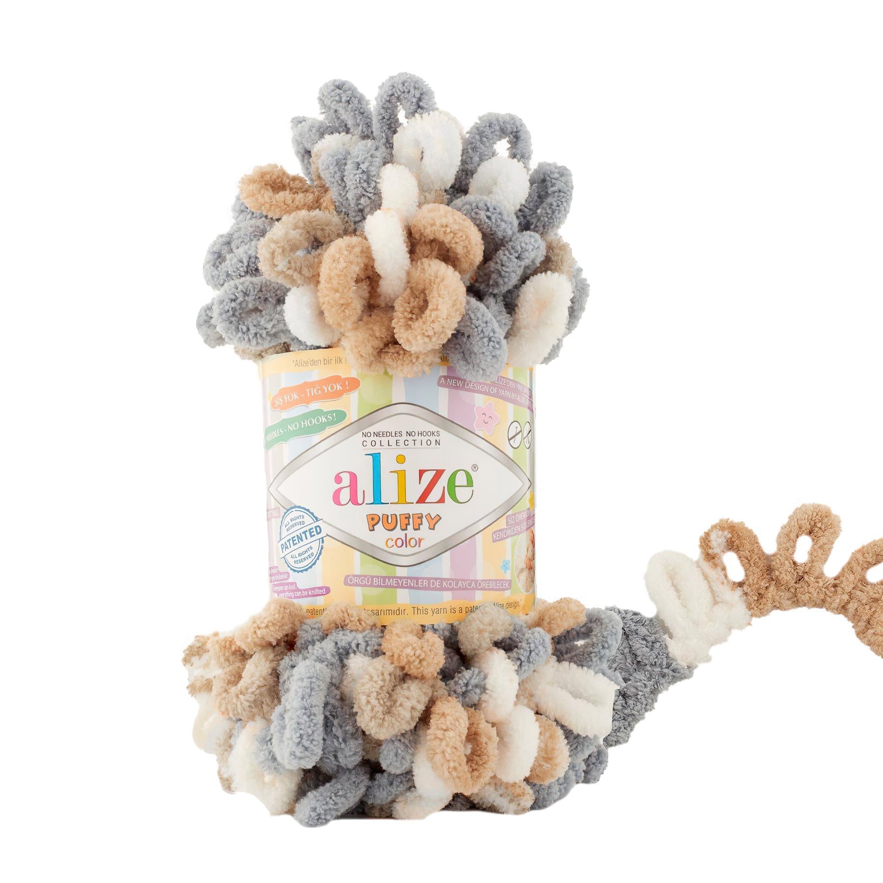 Levně Příze s oky Alize PUFFY COLOR pro ruční pletení bez jehlic, 6395 béžovo-šedo-smetanový melír, efektní, 100g/9m