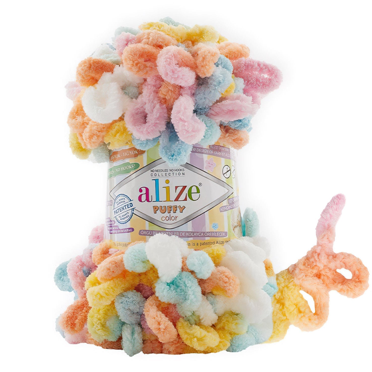 Levně Příze s oky Alize PUFFY COLOR pro ruční pletení bez jehlic, 6521 vícebarevný melír, efektní, 100g/9m