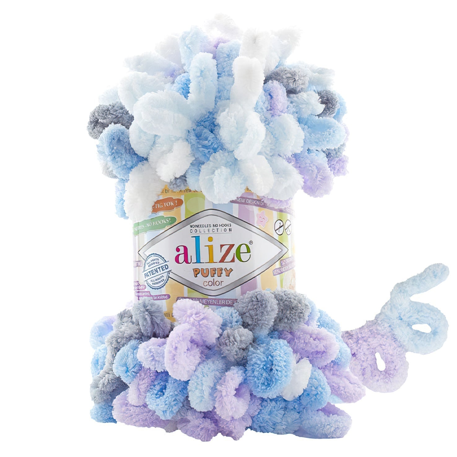 Levně Příze s oky Alize PUFFY COLOR pro ruční pletení bez jehlic, 6524 modro-fialový melír, efektní, 100g/9m