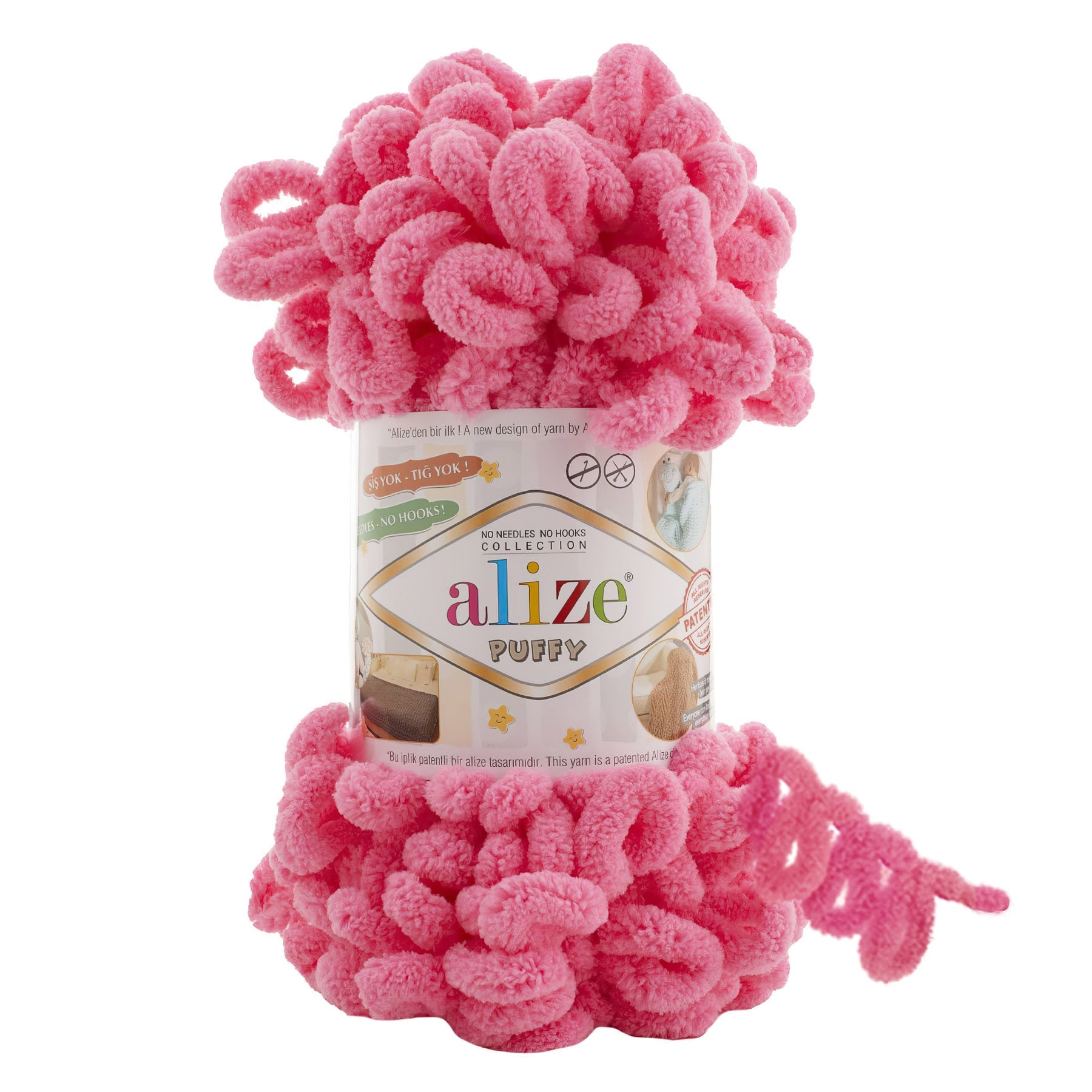 Levně Příze s oky Alize PUFFY pro ruční pletení bez jehlic 377 neonově růžová, efektní, 100g/9,2m