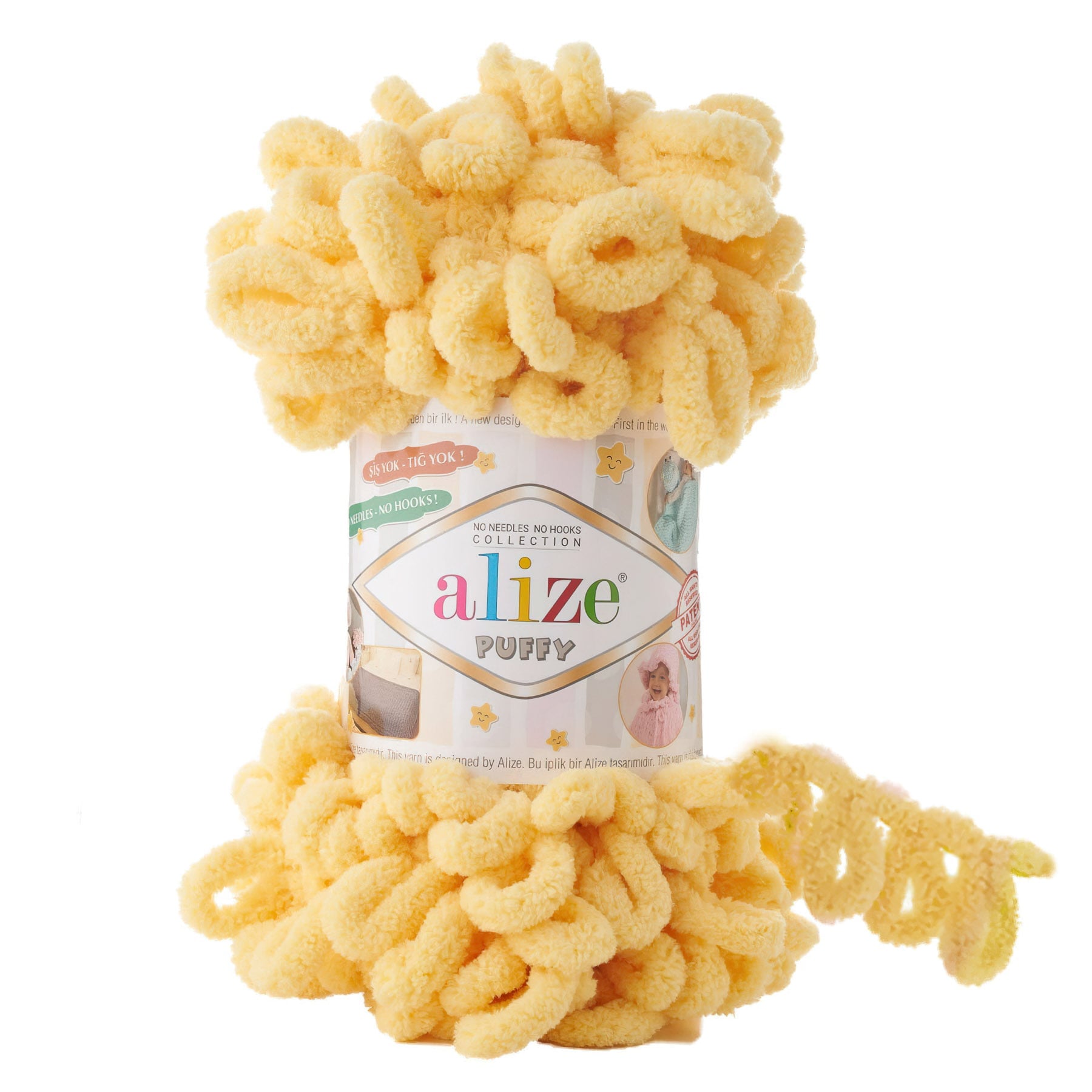 Levně Příze s oky Alize PUFFY pro ruční pletení bez jehlic 509 žlutá, efektní, 100g/9,2m