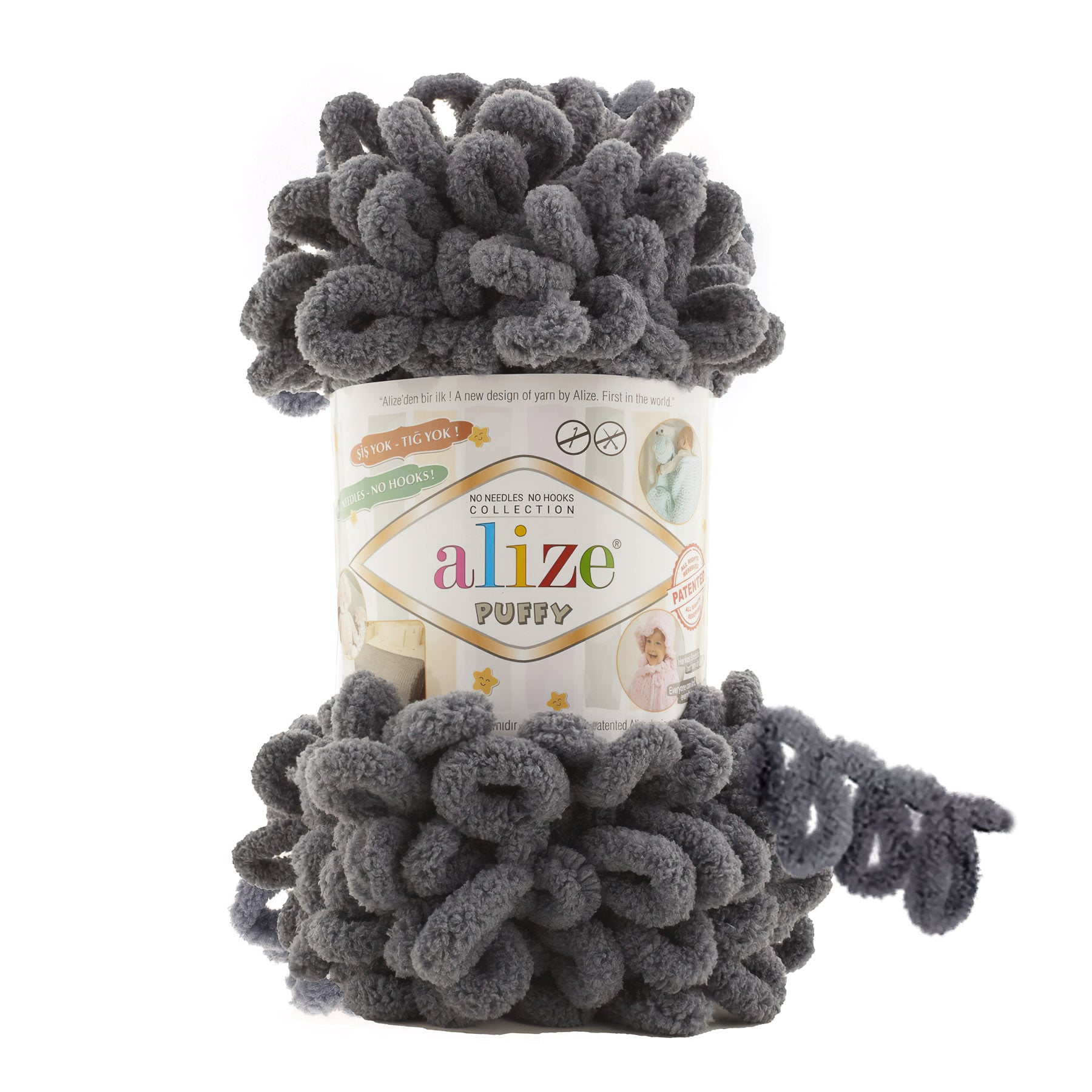 Levně Příze s oky Alize PUFFY pro ruční pletení bez jehlic 53 tmavě šedá, efektní, 100g/9,2m