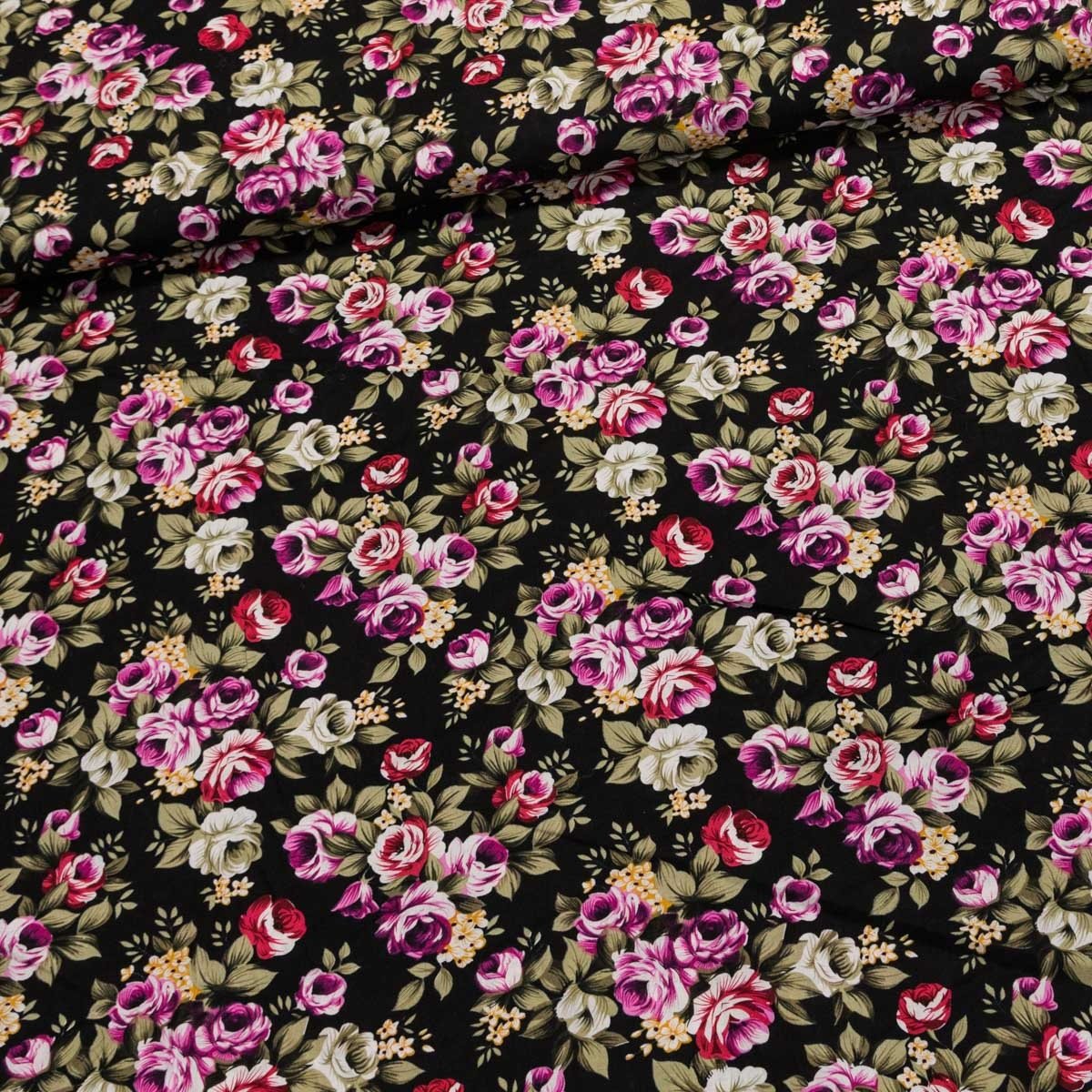 Šatovka bavlněná 0057/01 růžové růžičky na černé, š.145cm (látka v metráži)