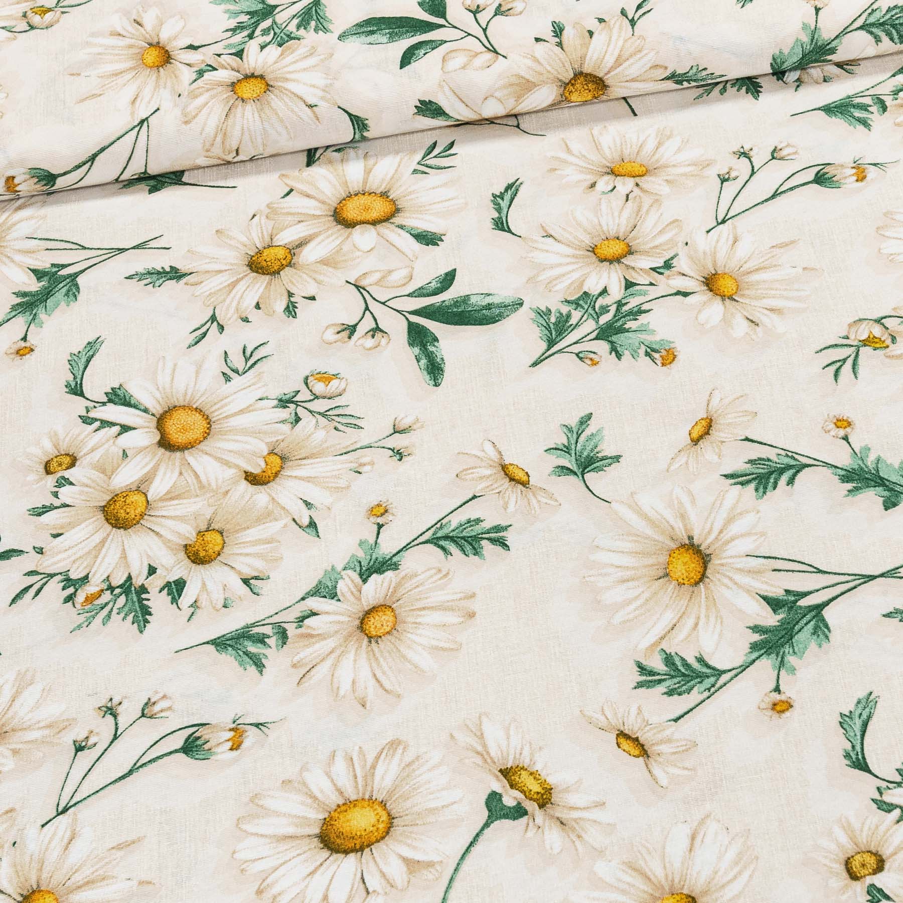 Levně Směsové plátno 513030 GARONA MENTA, kopretiny, mentolové na béžové, š.140cm (látka v metráži)