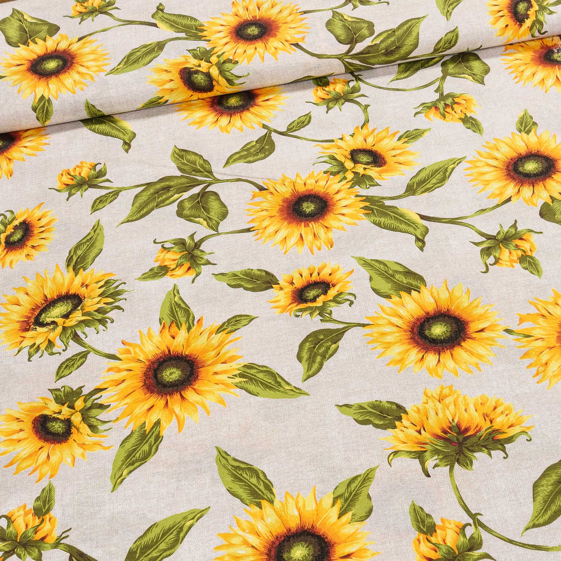 Levně Směsové plátno 513030 GIRASOL FONDO CULA, slunečnice na režné, š.140cm (látka v metráži)