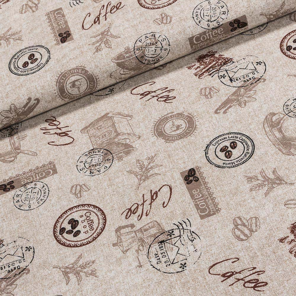 Směsové plátno CAVE káva na béžové, š.140cm (látka v metráži)