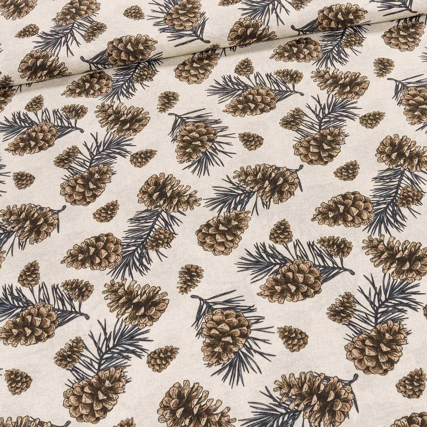 Směsové plátno CHRIS 12, šišky na béžové, š.140cm (látka v metráži)