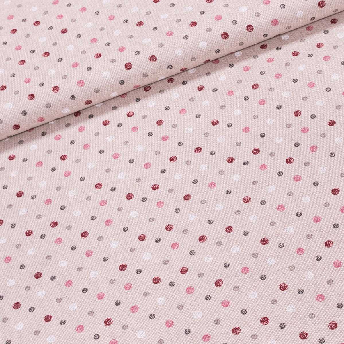 Směsové plátno EMICIA, vínové, černé, šedé a bílé klubíčka na režné, š.140cm (látka v metráži)